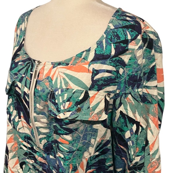 Dana Buchman Linen Blend Tropical Palm 3/4 Sleeve Zip Front Blouse - Picture 2 of 7
